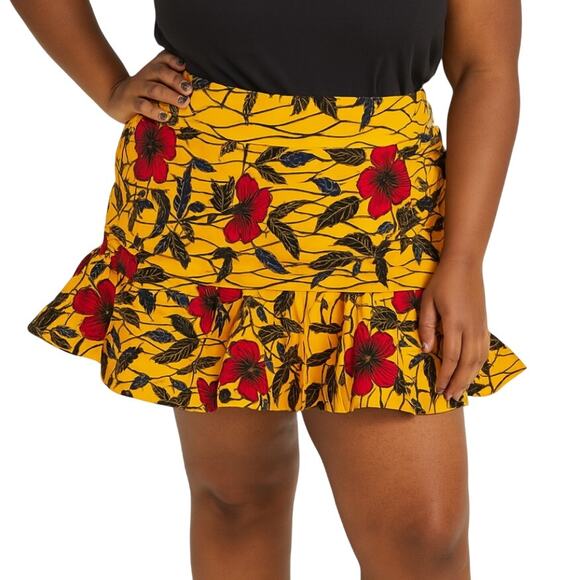 Grassfields GF Yellow Black Red Floral African Mini Ruffle Skirt Plus Size 24 - Picture 1 of 6